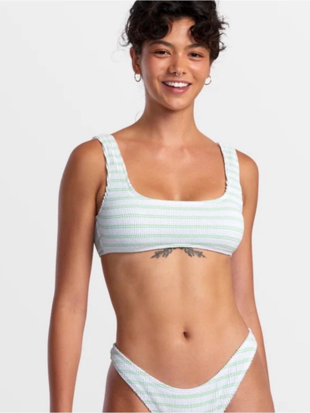 RVCA White & Green Striped Textured Lace Back Bralette Bikini Top and bottom